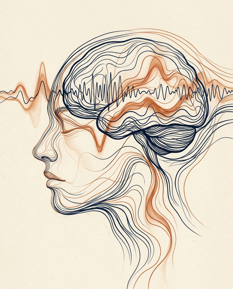 Abstract illustration of flowing EEG brainwave signals forming a human profile